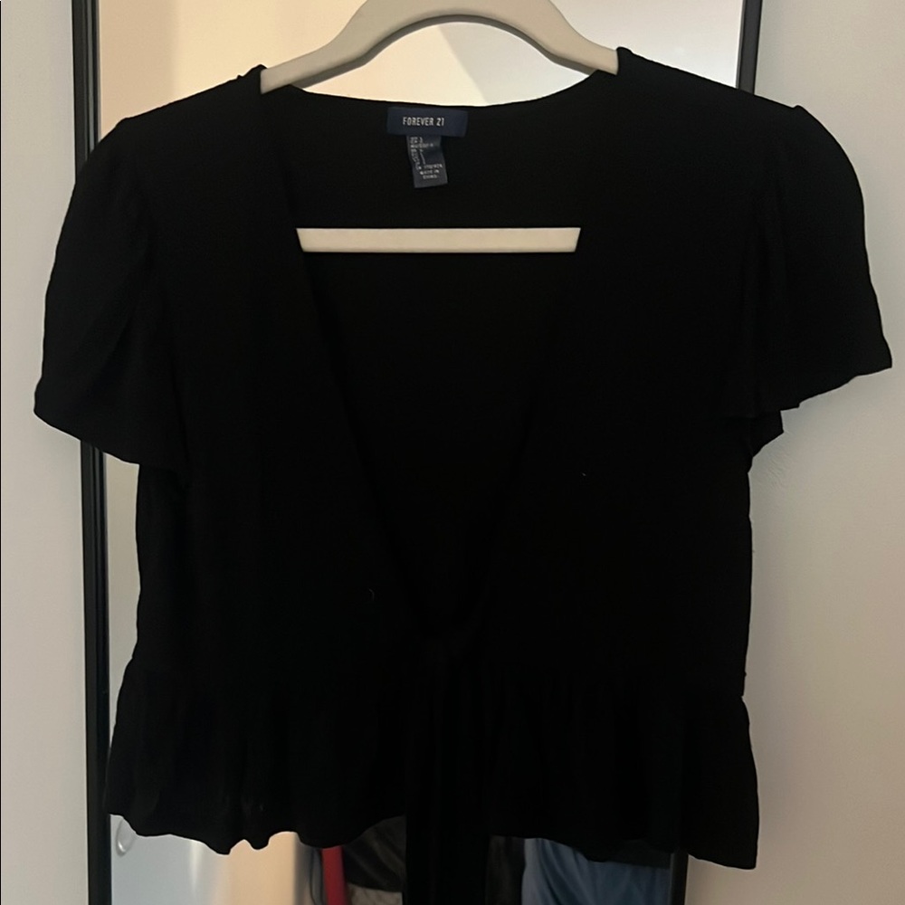 Forever 21 Black Flutter Sleeve Tie Front Blouse